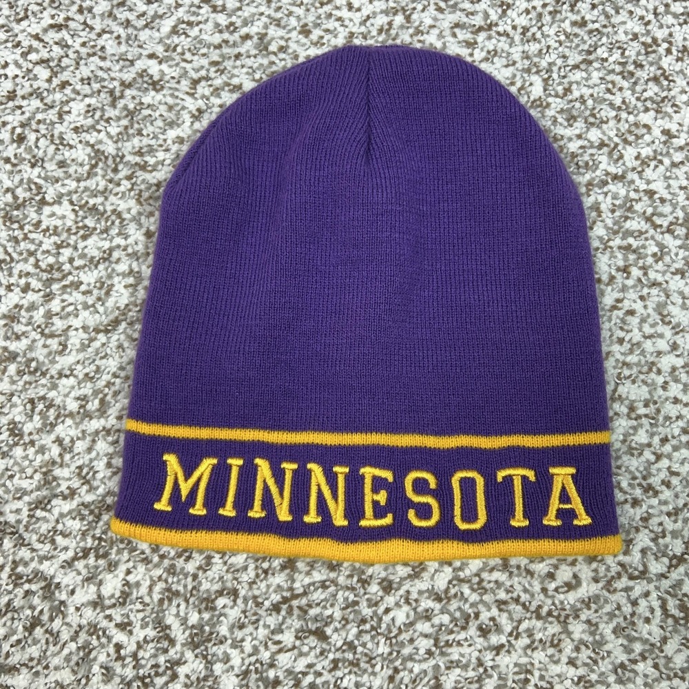 Minnesota Vikings Hat Beanie Mens One Size Purple Yellow Reversible Striped